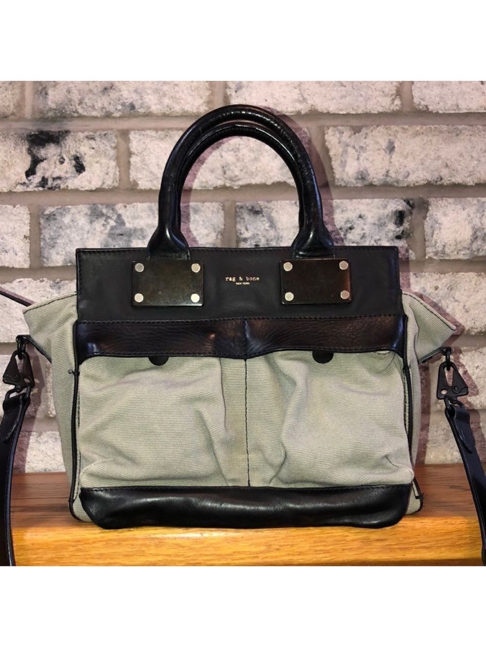 rag & bone Ashton Black Green Leather Canvas Satchel Crossbody Strap